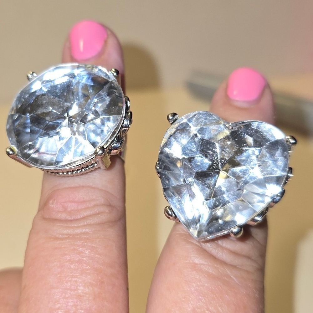 Set of 2 Oversized Crystal Cocktail Rings Silver Tone Heart‎ & Round Size 7.25